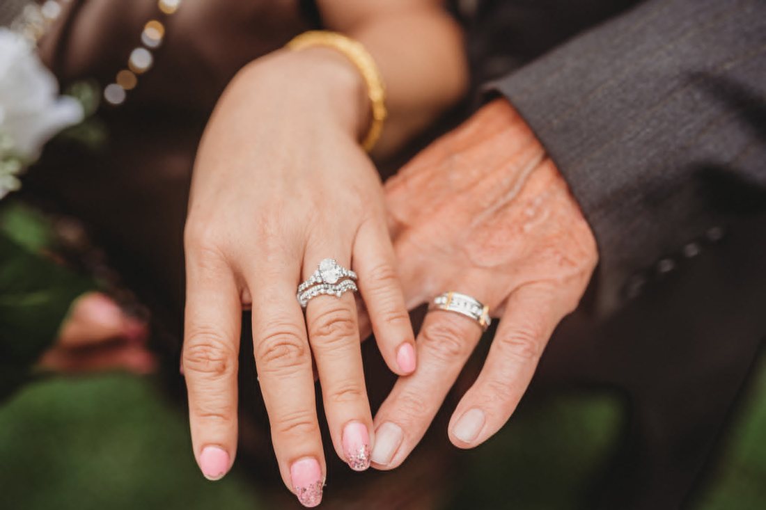 Close up of Andy and Lucy's hands showing their wedding rings